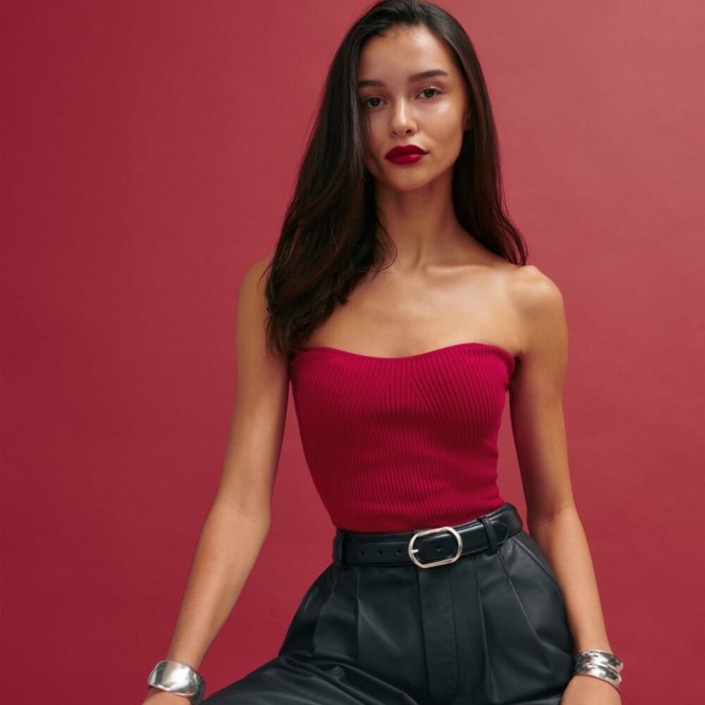 Reformation Jenni Ribbed Red Strapless Sweater